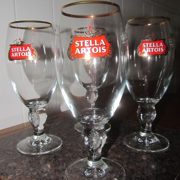 New Set of 4 Stella Artois Gold Rimmed Beer Glasses/"Chalices" from Belgium - Picture 1 of 14